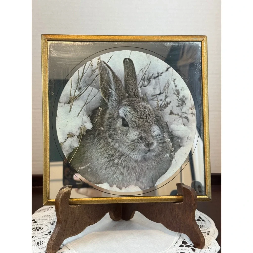 Vintage Etched Mirror Rabbit Art Gold Frame Bunny Snow Scene Nature Decor 8x8